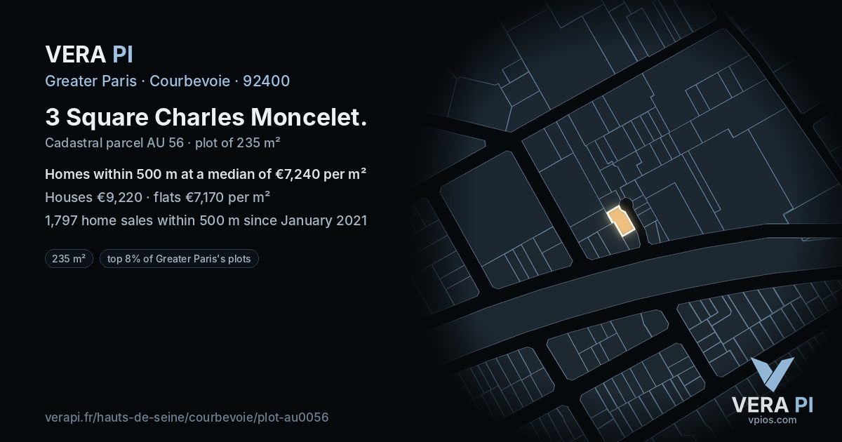3 Square Charles Moncelet, Courbevoie at night – the plot lit, the parcels around coloured by the prices near them