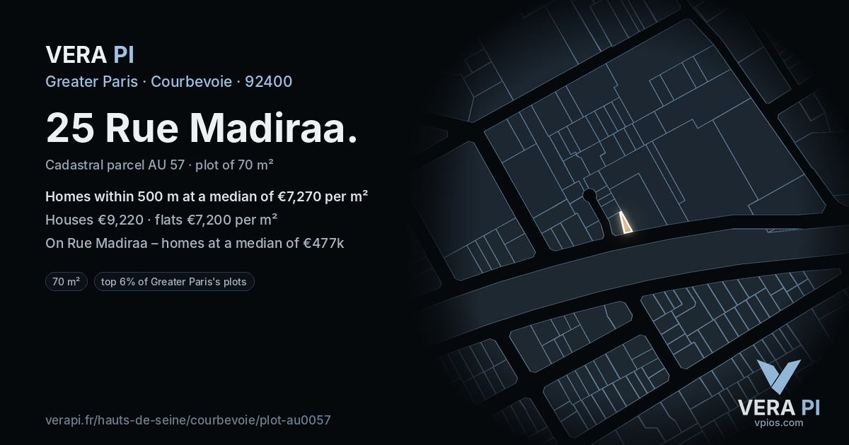 25 Rue Madiraa, Courbevoie at night – the plot lit, the parcels around coloured by the prices near them