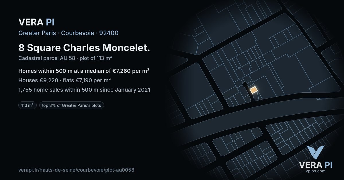 8 Square Charles Moncelet, Courbevoie at night – the plot lit, the parcels around coloured by the prices near them