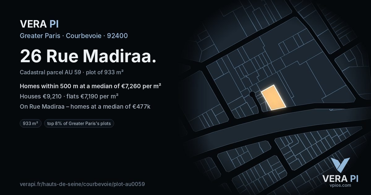 26 Rue Madiraa, Courbevoie at night – the plot lit, the parcels around coloured by the prices near them