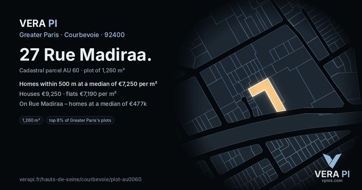 27 Rue Madiraa, Courbevoie at night – the plot lit, the parcels around coloured by the prices near them