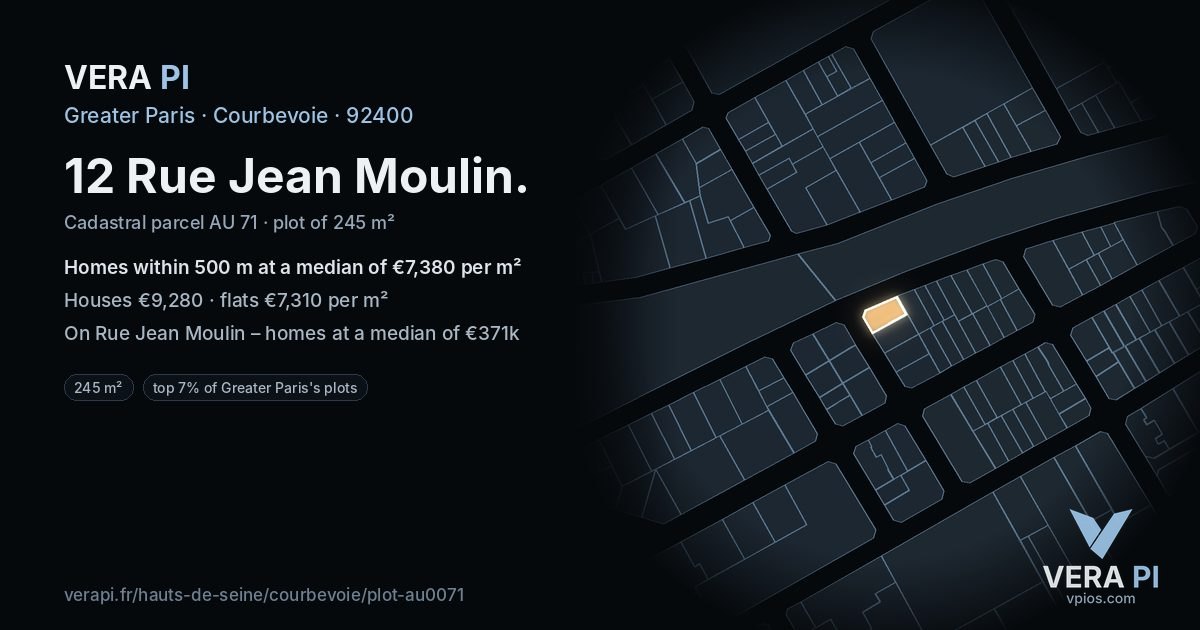12 Rue Jean Moulin, Courbevoie at night – the plot lit, the parcels around coloured by the prices near them