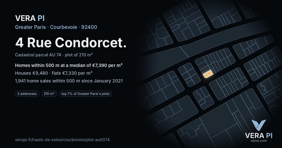 4 Rue Condorcet, Courbevoie at night – the plot lit, the parcels around coloured by the prices near them