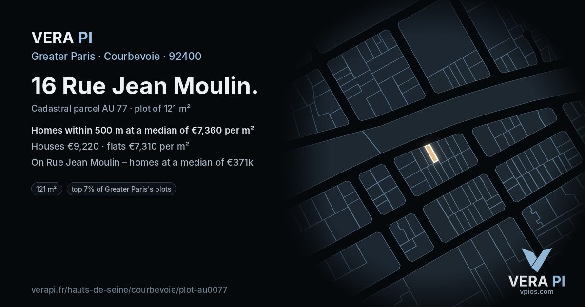16 Rue Jean Moulin, Courbevoie at night – the plot lit, the parcels around coloured by the prices near them
