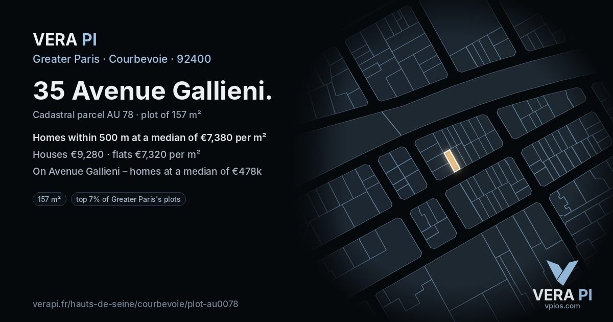 35 Avenue Gallieni, Courbevoie at night – the plot lit, the parcels around coloured by the prices near them