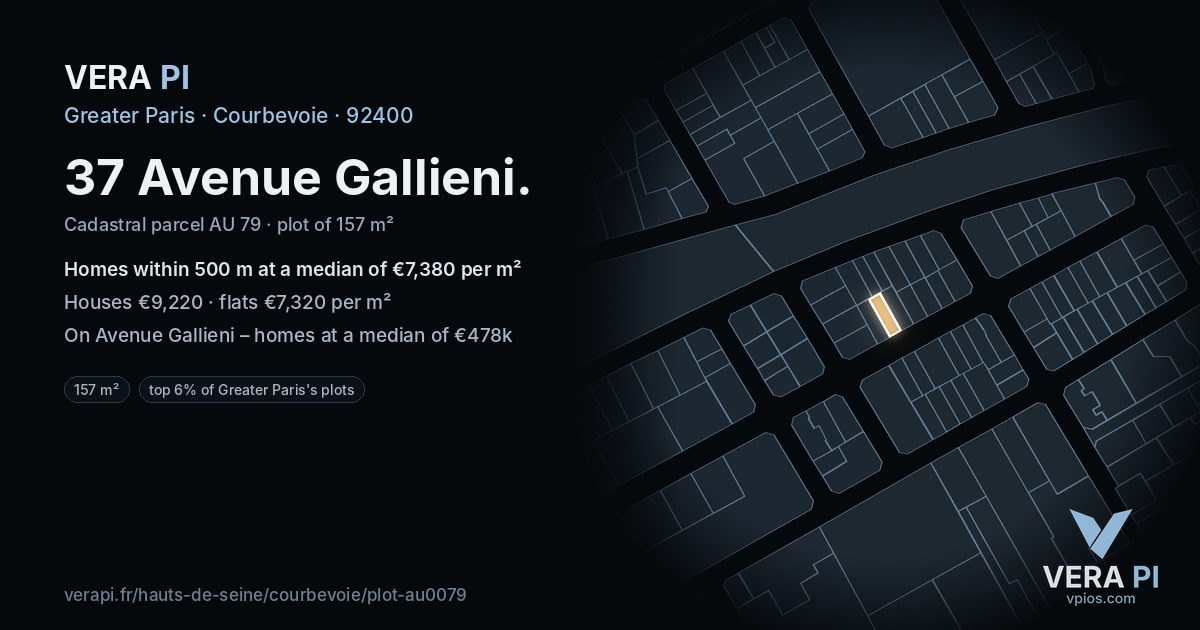 37 Avenue Gallieni, Courbevoie at night – the plot lit, the parcels around coloured by the prices near them