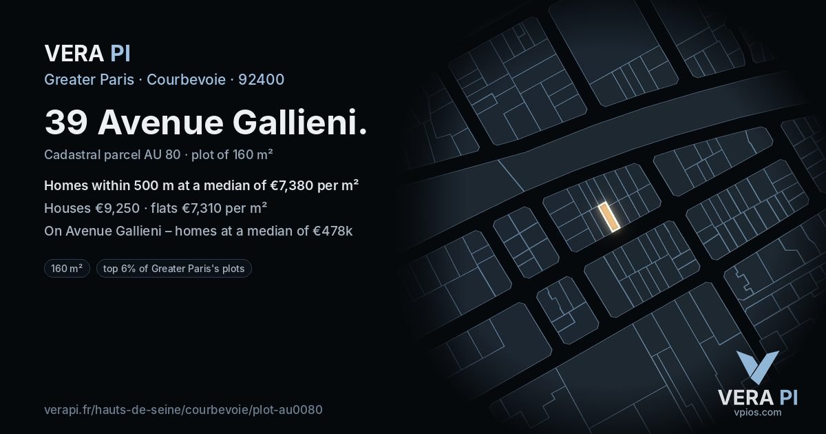 39 Avenue Gallieni, Courbevoie at night – the plot lit, the parcels around coloured by the prices near them