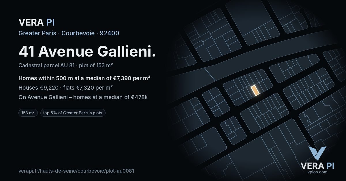 41 Avenue Gallieni, Courbevoie at night – the plot lit, the parcels around coloured by the prices near them