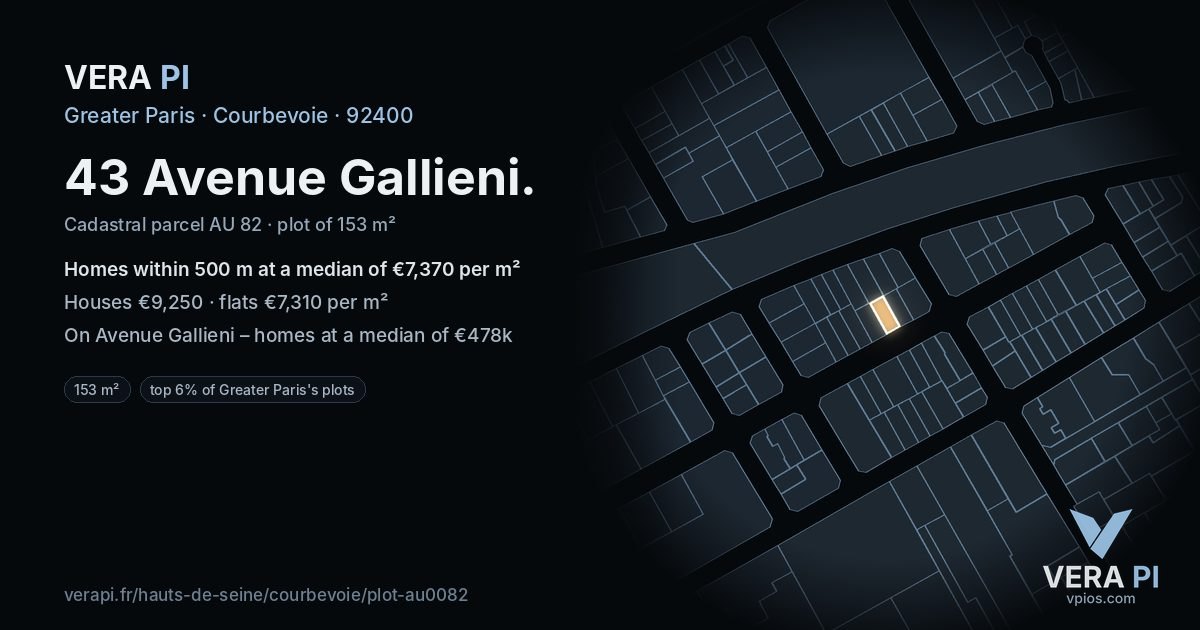 43 Avenue Gallieni, Courbevoie at night – the plot lit, the parcels around coloured by the prices near them