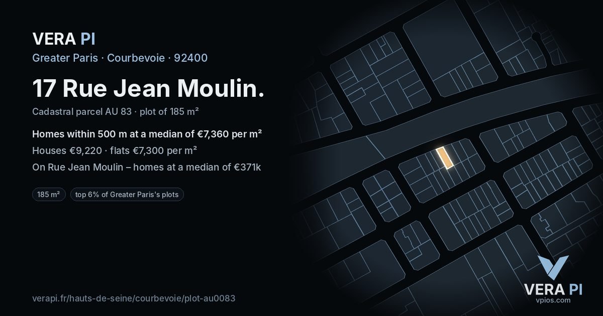 17 Rue Jean Moulin, Courbevoie at night – the plot lit, the parcels around coloured by the prices near them