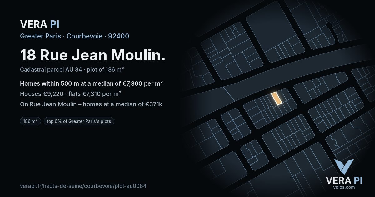 18 Rue Jean Moulin, Courbevoie at night – the plot lit, the parcels around coloured by the prices near them