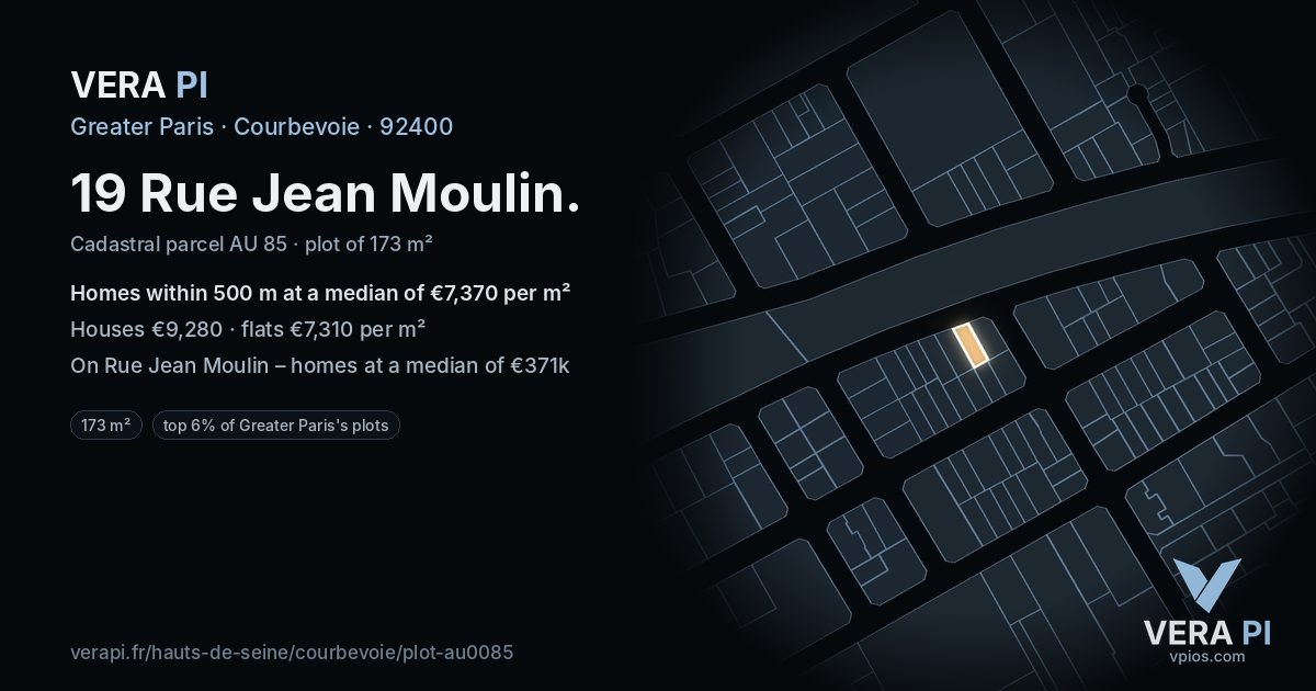 19 Rue Jean Moulin, Courbevoie at night – the plot lit, the parcels around coloured by the prices near them