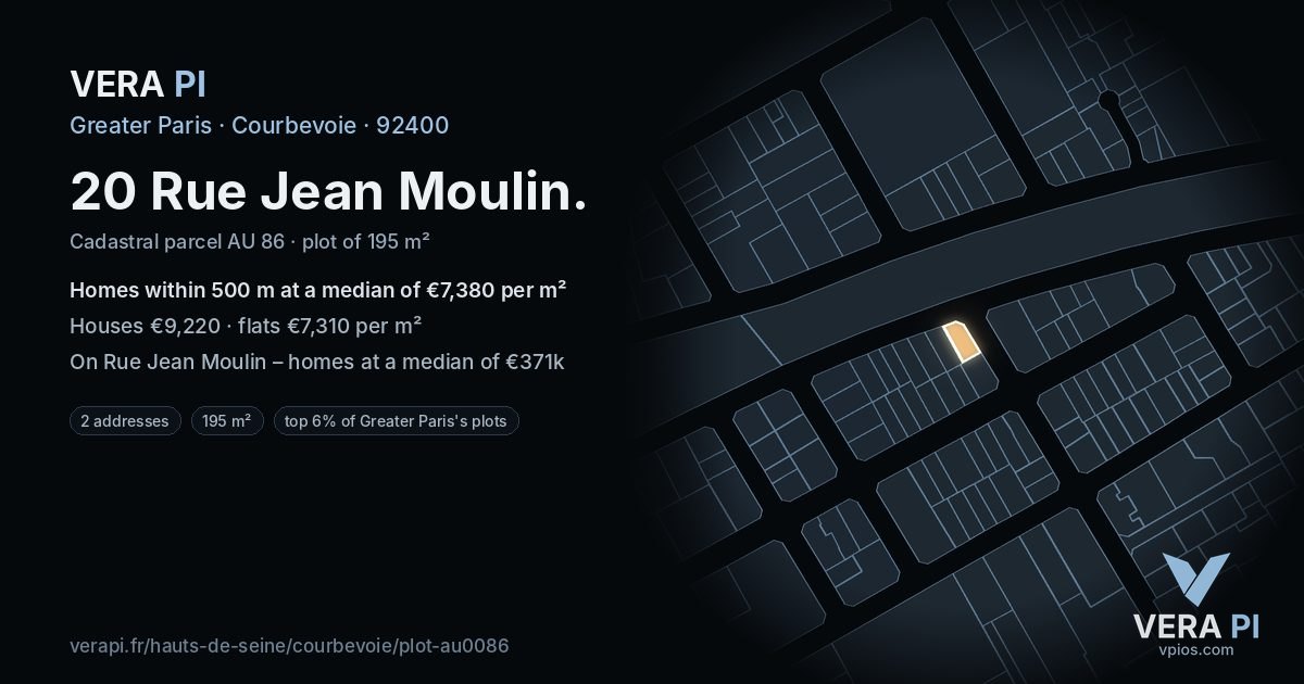 20 Rue Jean Moulin, Courbevoie at night – the plot lit, the parcels around coloured by the prices near them