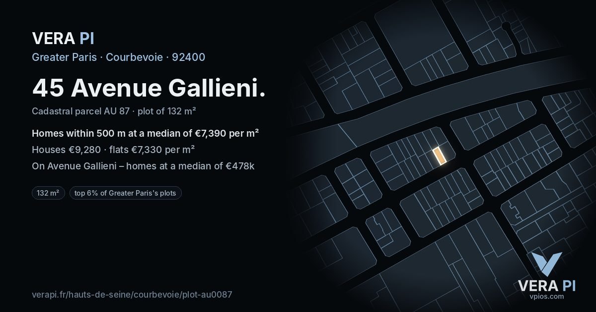 45 Avenue Gallieni, Courbevoie at night – the plot lit, the parcels around coloured by the prices near them