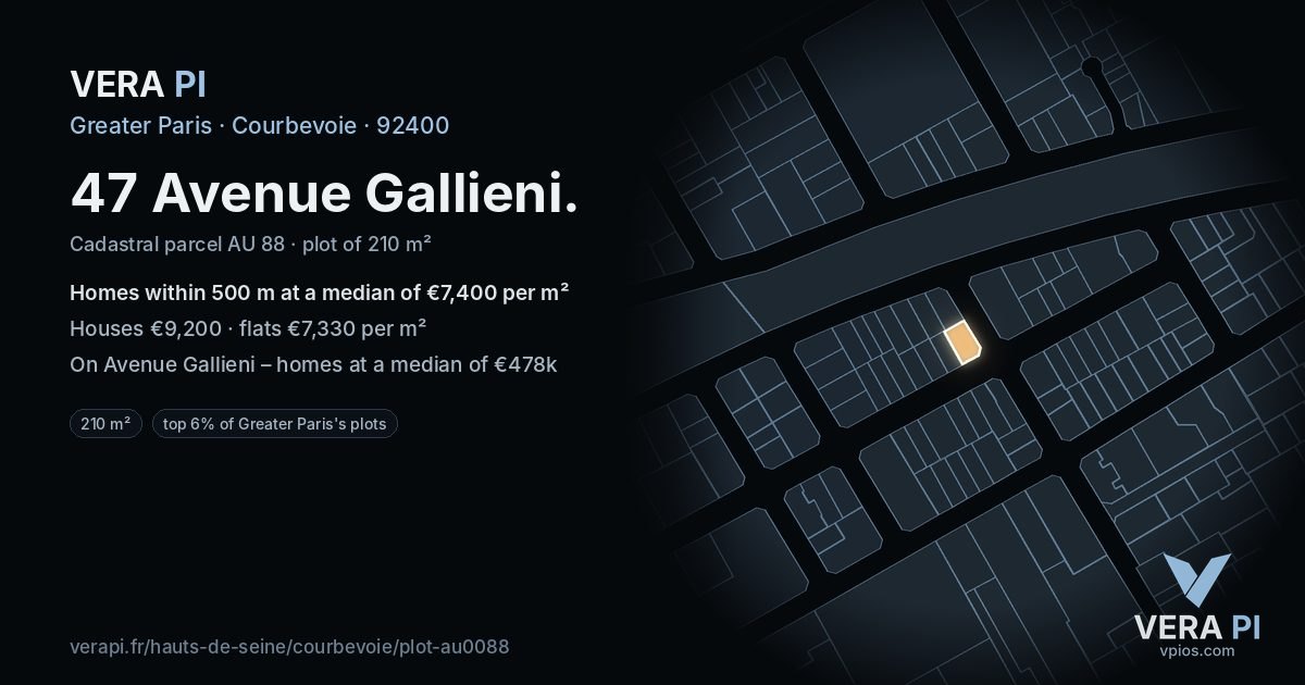 47 Avenue Gallieni, Courbevoie at night – the plot lit, the parcels around coloured by the prices near them