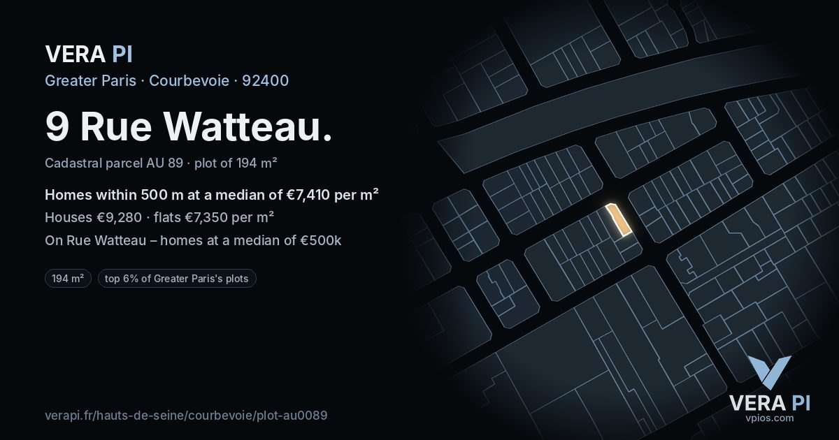 9 Rue Watteau, Courbevoie at night – the plot lit, the parcels around coloured by the prices near them