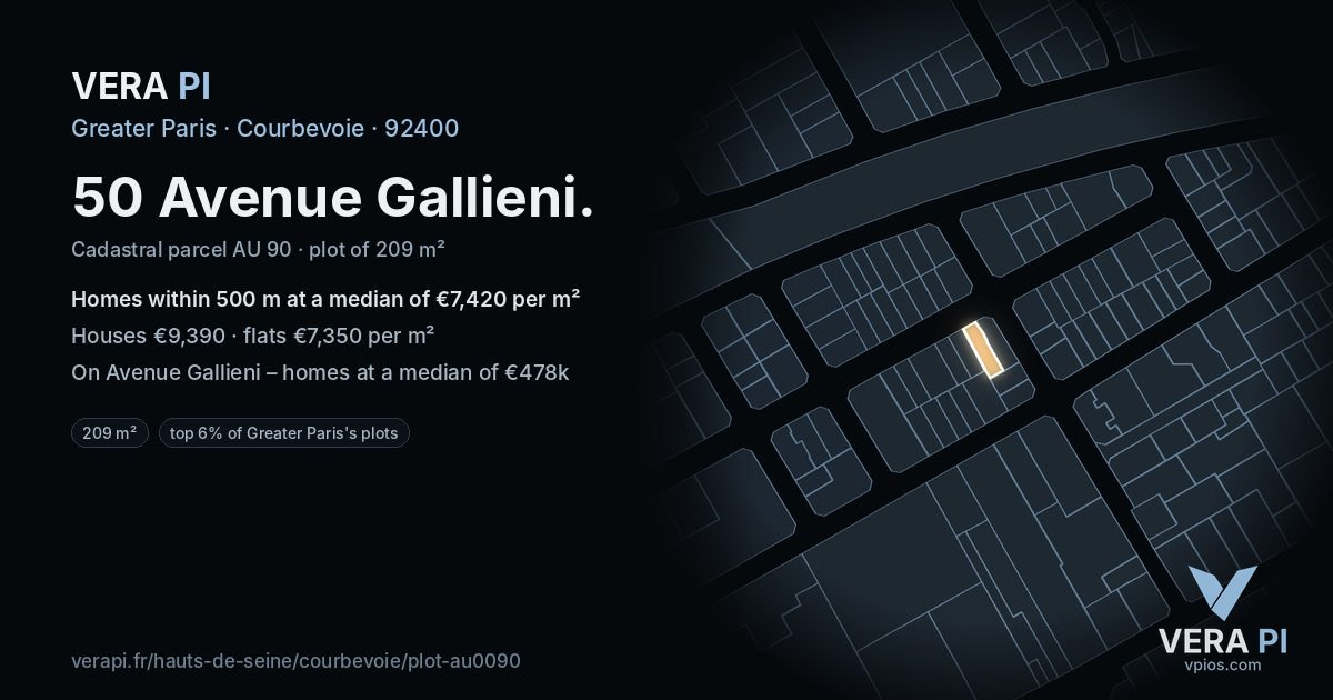 50 Avenue Gallieni, Courbevoie at night – the plot lit, the parcels around coloured by the prices near them
