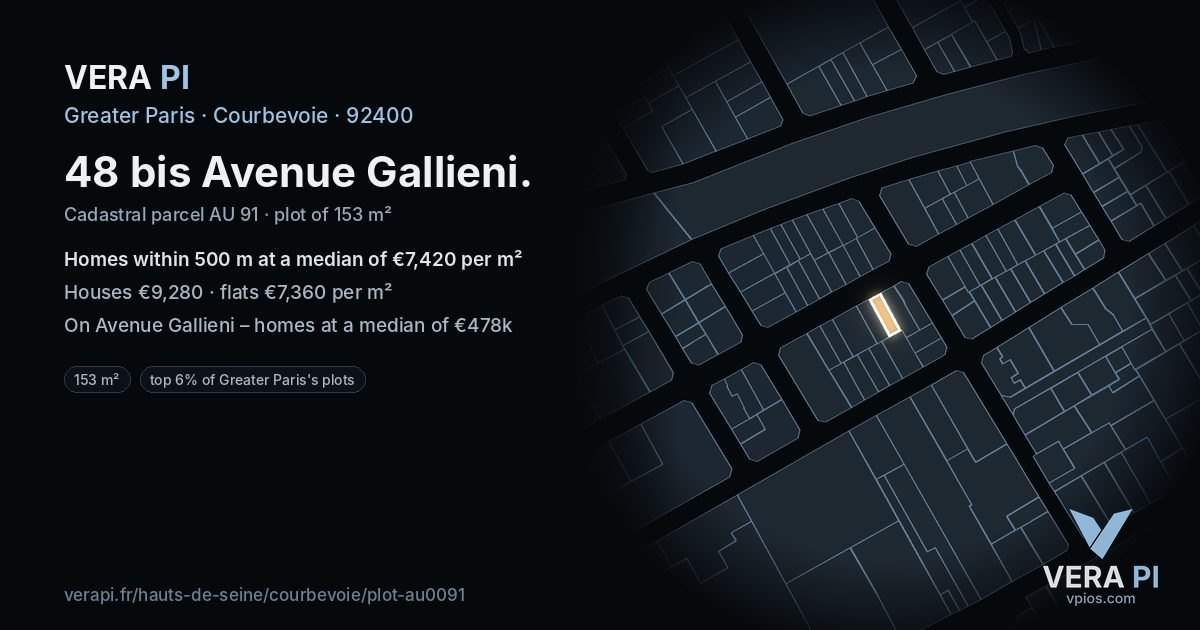 48 bis Avenue Gallieni, Courbevoie at night – the plot lit, the parcels around coloured by the prices near them