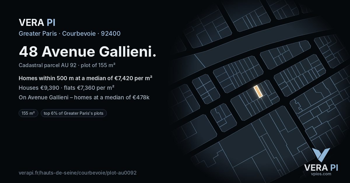 48 Avenue Gallieni, Courbevoie at night – the plot lit, the parcels around coloured by the prices near them