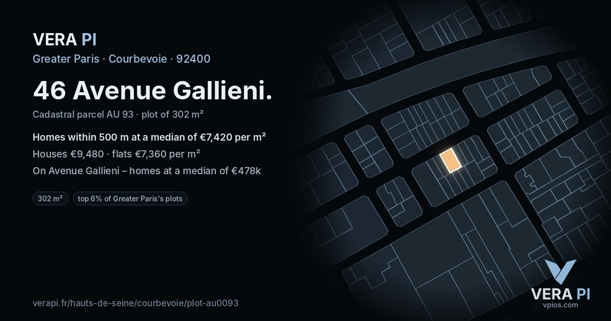 46 Avenue Gallieni, Courbevoie at night – the plot lit, the parcels around coloured by the prices near them