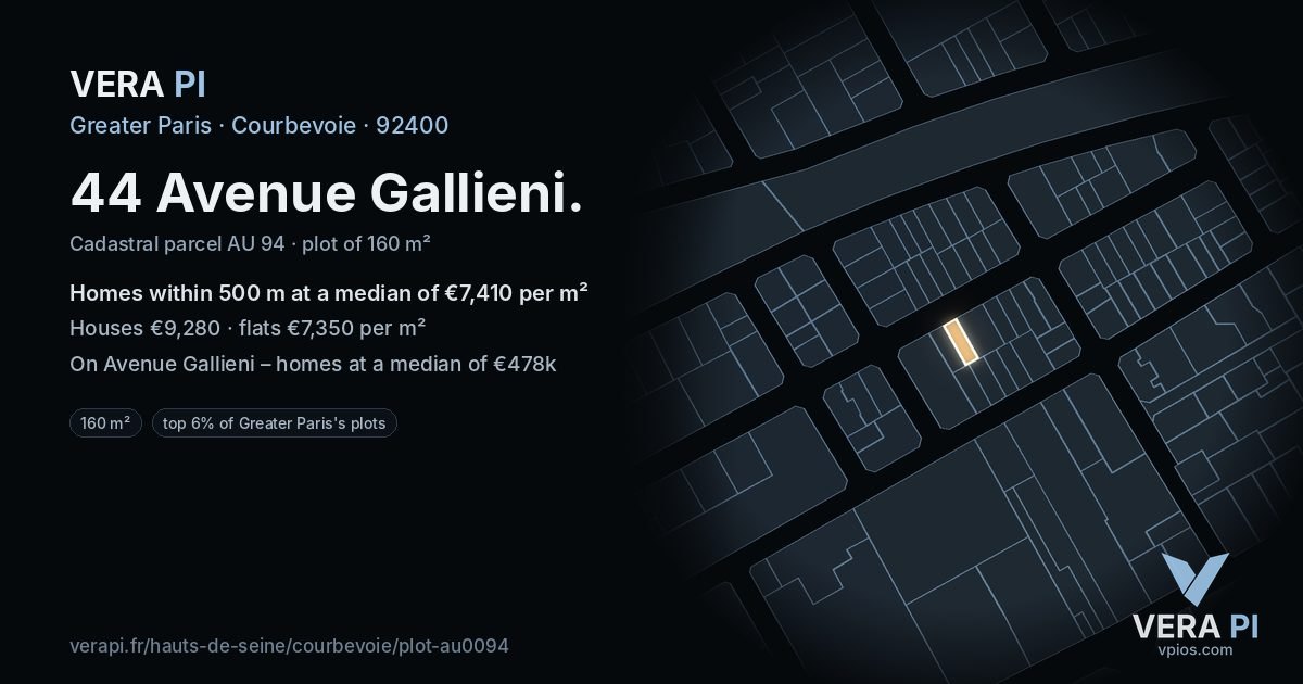 44 Avenue Gallieni, Courbevoie at night – the plot lit, the parcels around coloured by the prices near them