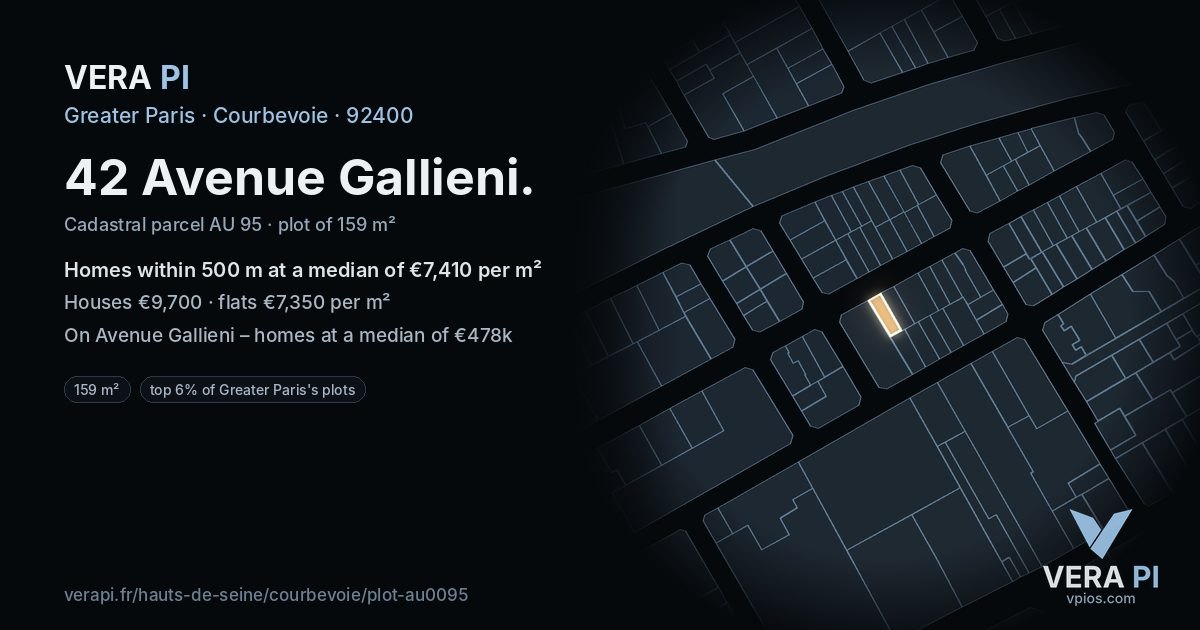 42 Avenue Gallieni, Courbevoie at night – the plot lit, the parcels around coloured by the prices near them
