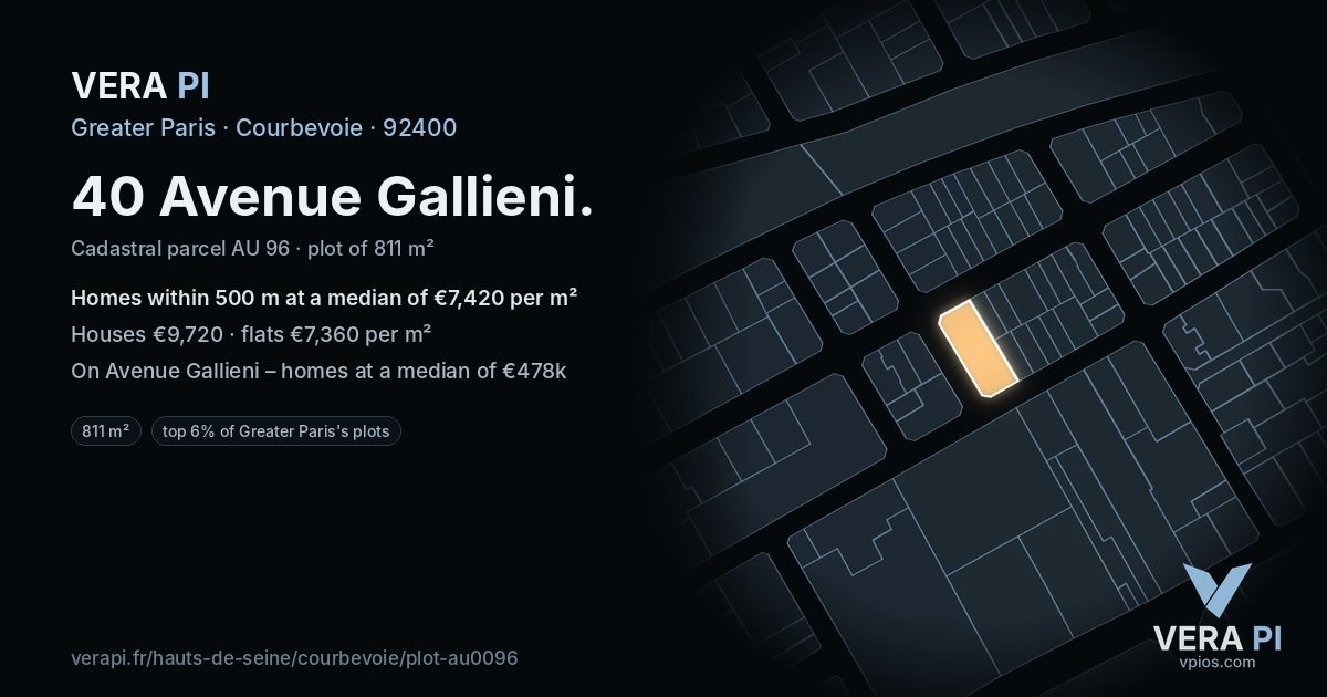 40 Avenue Gallieni, Courbevoie at night – the plot lit, the parcels around coloured by the prices near them