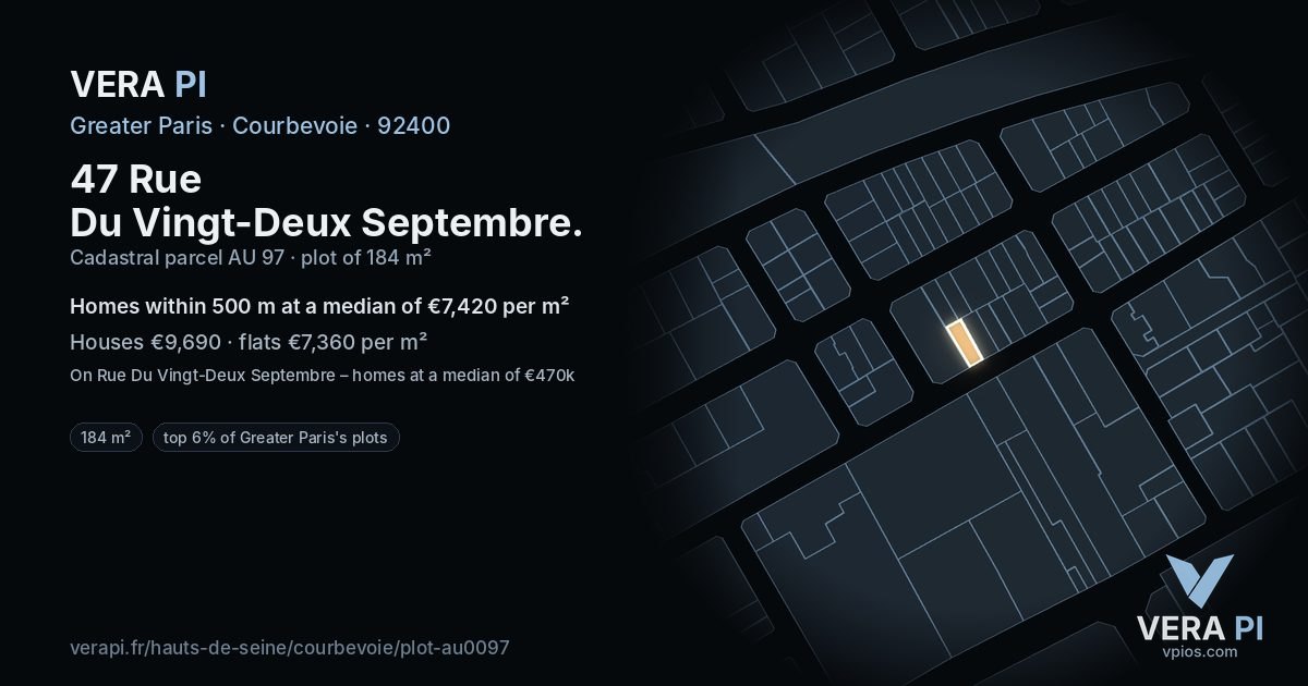 47 Rue Du Vingt-Deux Septembre, Courbevoie at night – the plot lit, the parcels around coloured by the prices near them