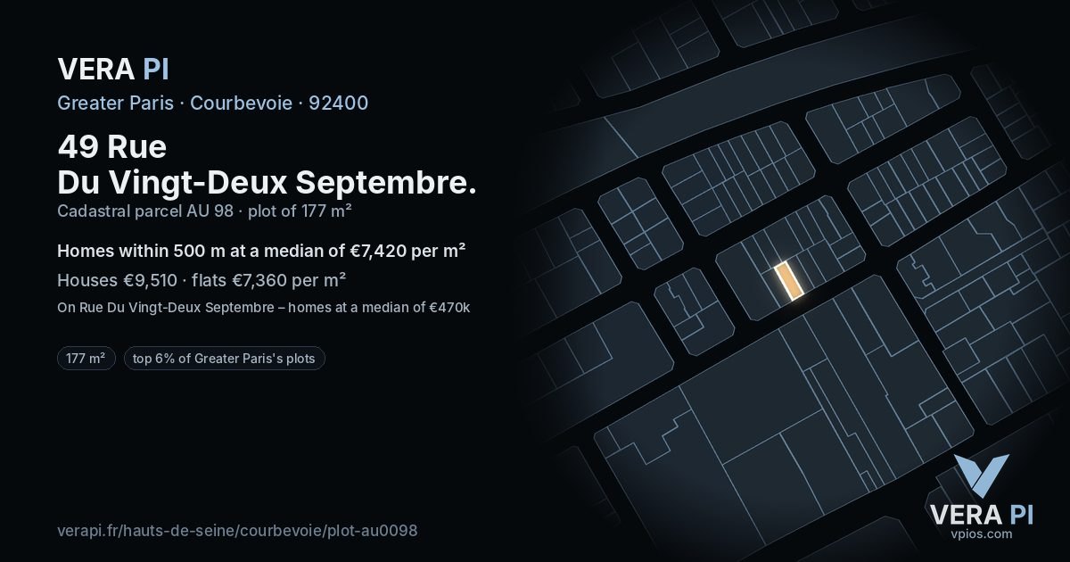 49 Rue Du Vingt-Deux Septembre, Courbevoie at night – the plot lit, the parcels around coloured by the prices near them