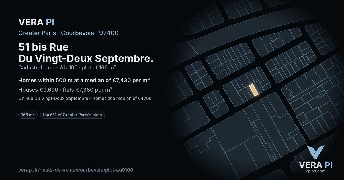 51 bis Rue Du Vingt-Deux Septembre, Courbevoie at night – the plot lit, the parcels around coloured by the prices near them