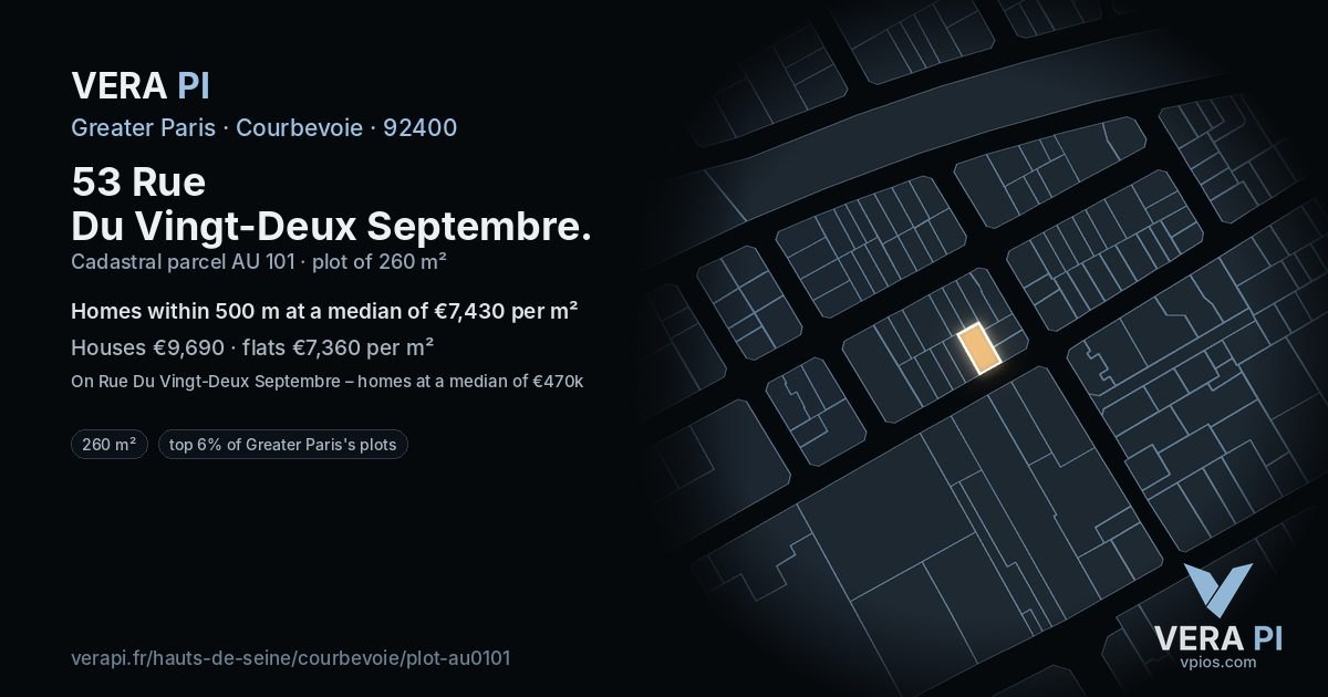 53 Rue Du Vingt-Deux Septembre, Courbevoie at night – the plot lit, the parcels around coloured by the prices near them