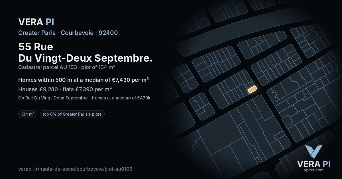55 Rue Du Vingt-Deux Septembre, Courbevoie at night – the plot lit, the parcels around coloured by the prices near them