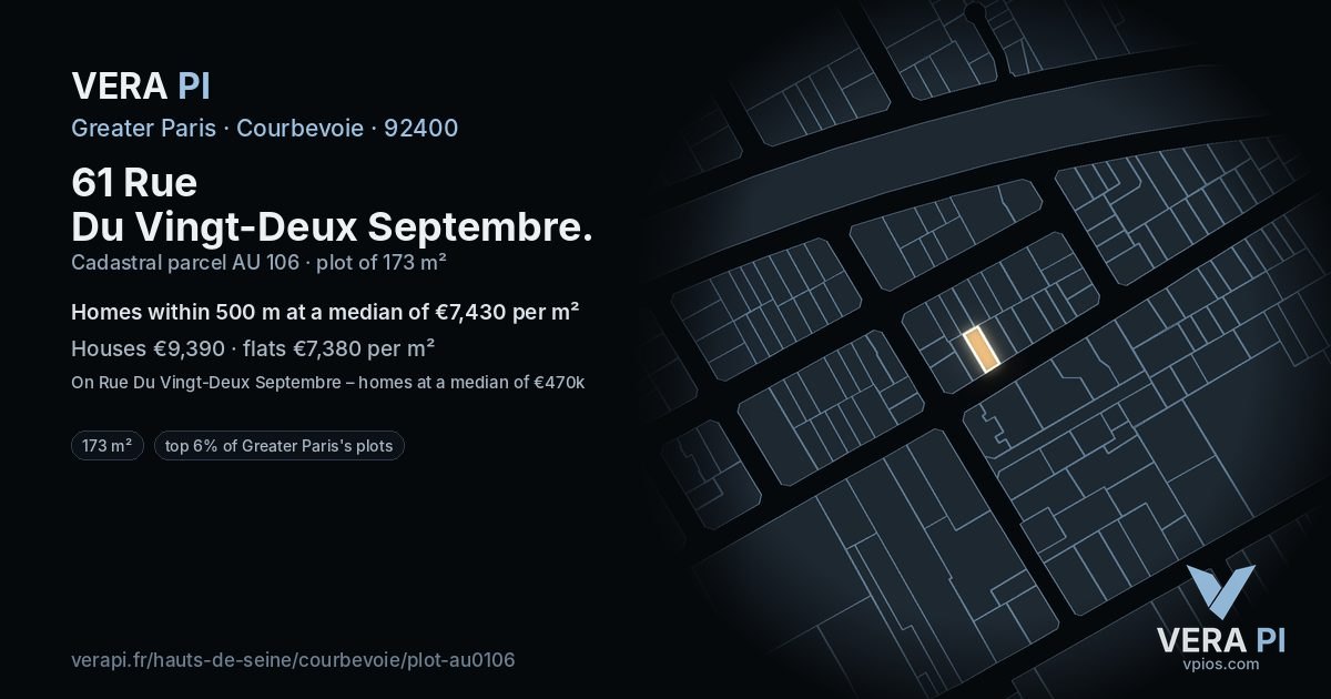 61 Rue Du Vingt-Deux Septembre, Courbevoie at night – the plot lit, the parcels around coloured by the prices near them