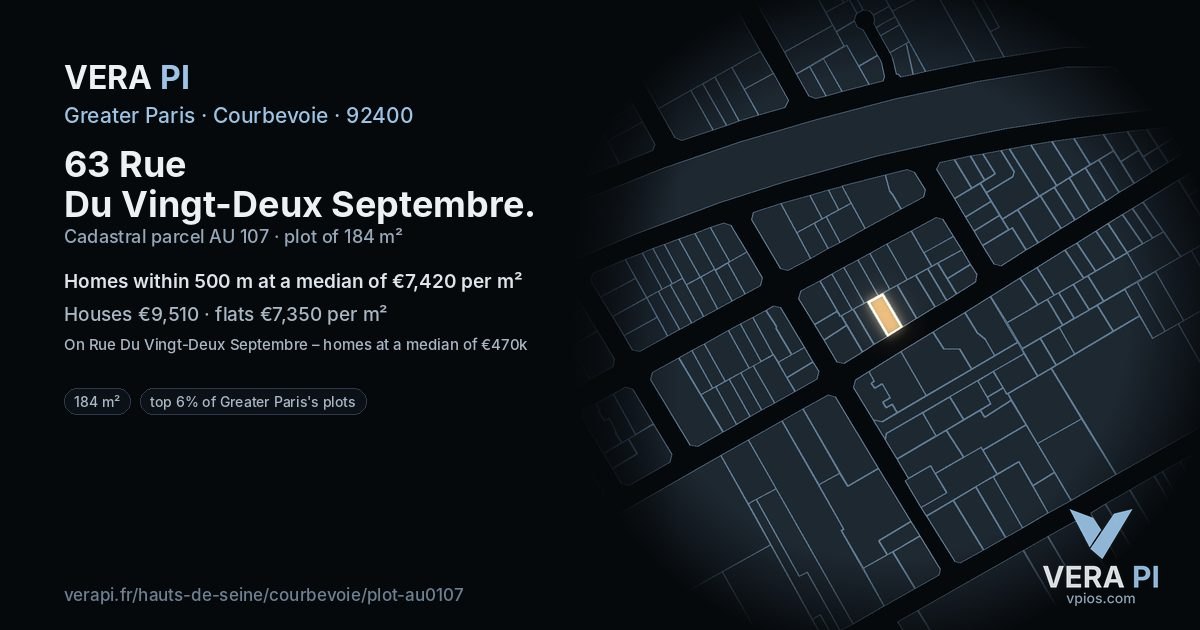 63 Rue Du Vingt-Deux Septembre, Courbevoie at night – the plot lit, the parcels around coloured by the prices near them