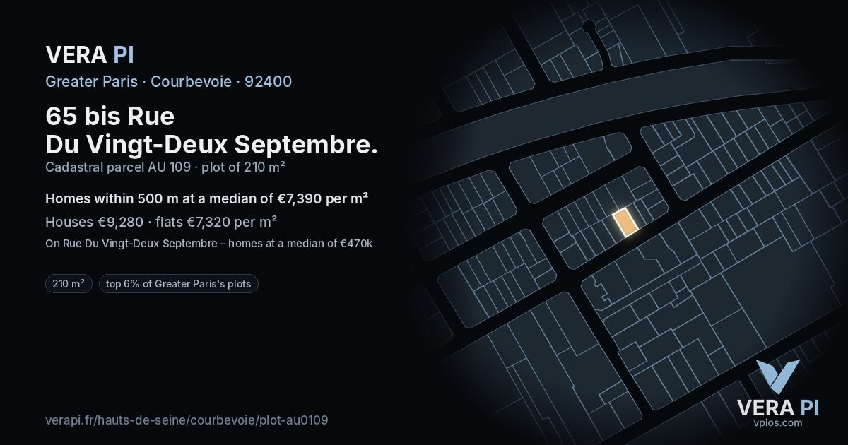 65 bis Rue Du Vingt-Deux Septembre, Courbevoie at night – the plot lit, the parcels around coloured by the prices near them