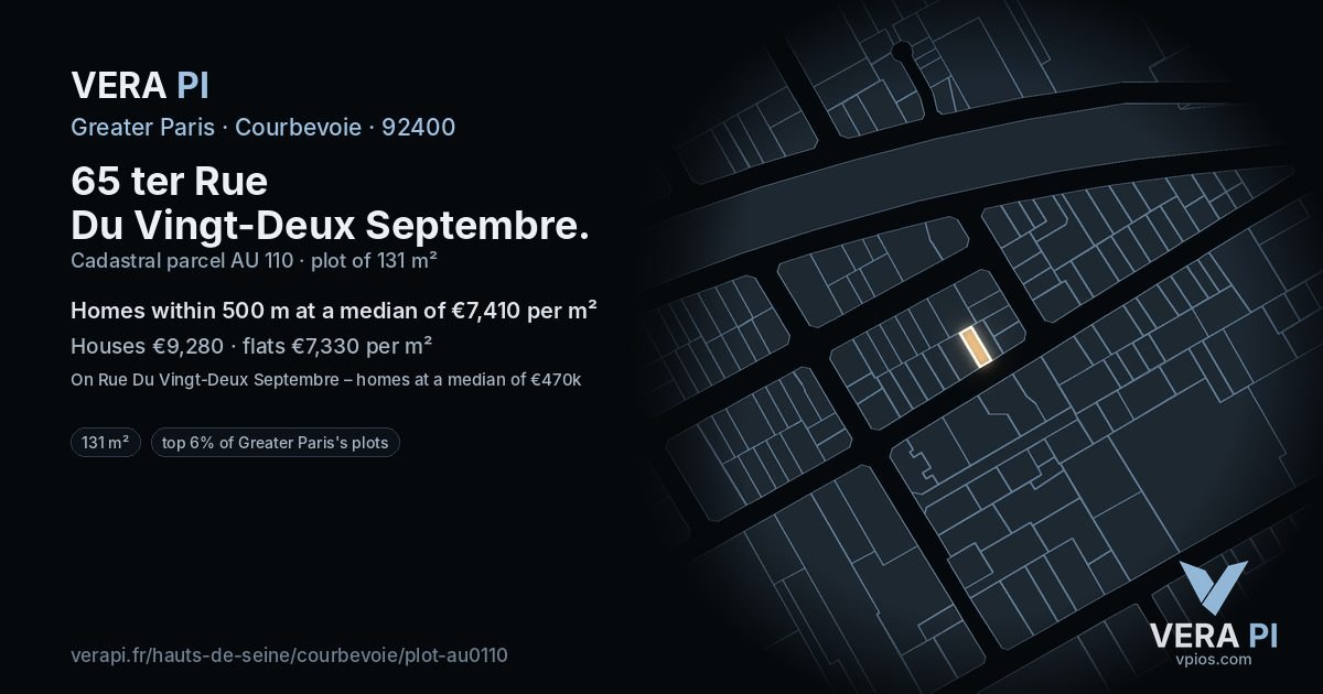 65 ter Rue Du Vingt-Deux Septembre, Courbevoie at night – the plot lit, the parcels around coloured by the prices near them