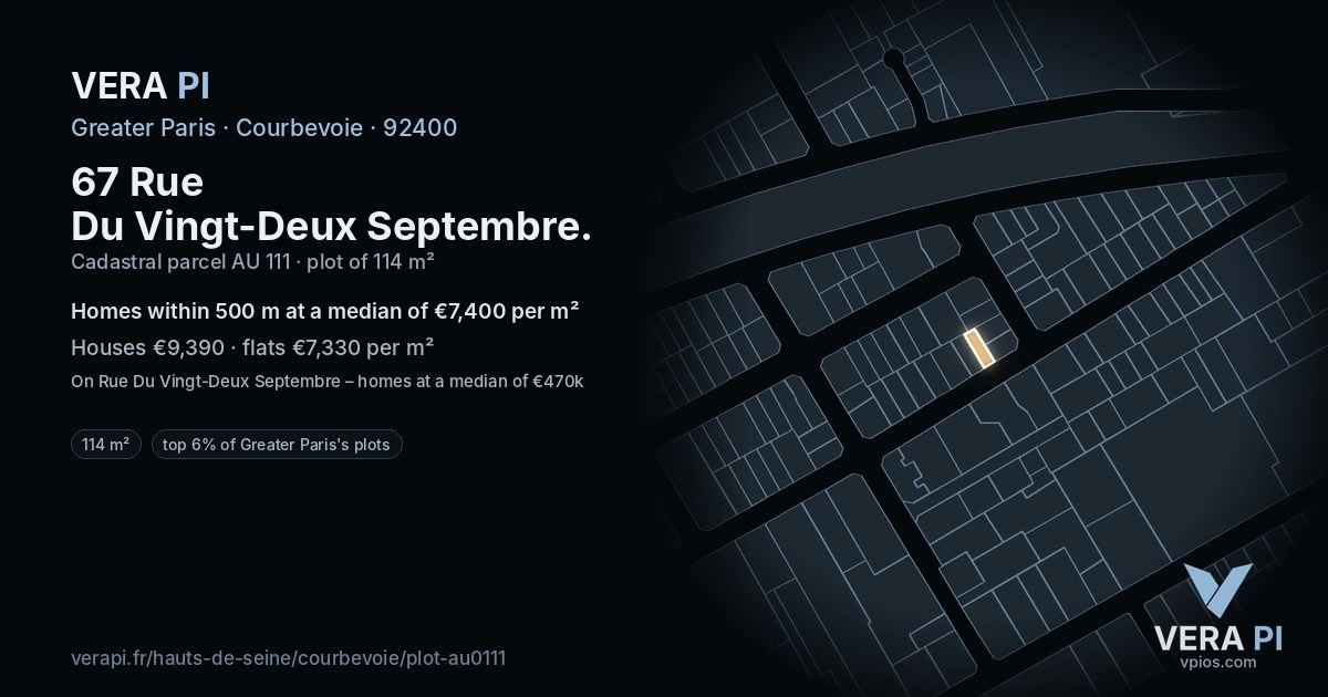 67 Rue Du Vingt-Deux Septembre, Courbevoie at night – the plot lit, the parcels around coloured by the prices near them