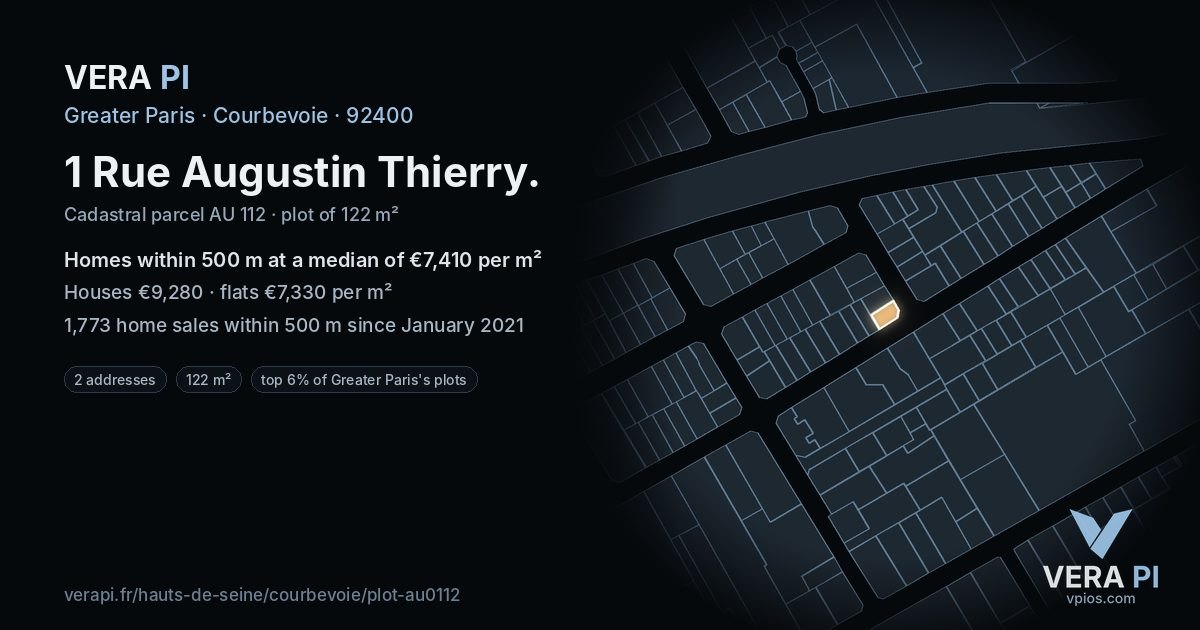 1 Rue Augustin Thierry, Courbevoie at night – the plot lit, the parcels around coloured by the prices near them