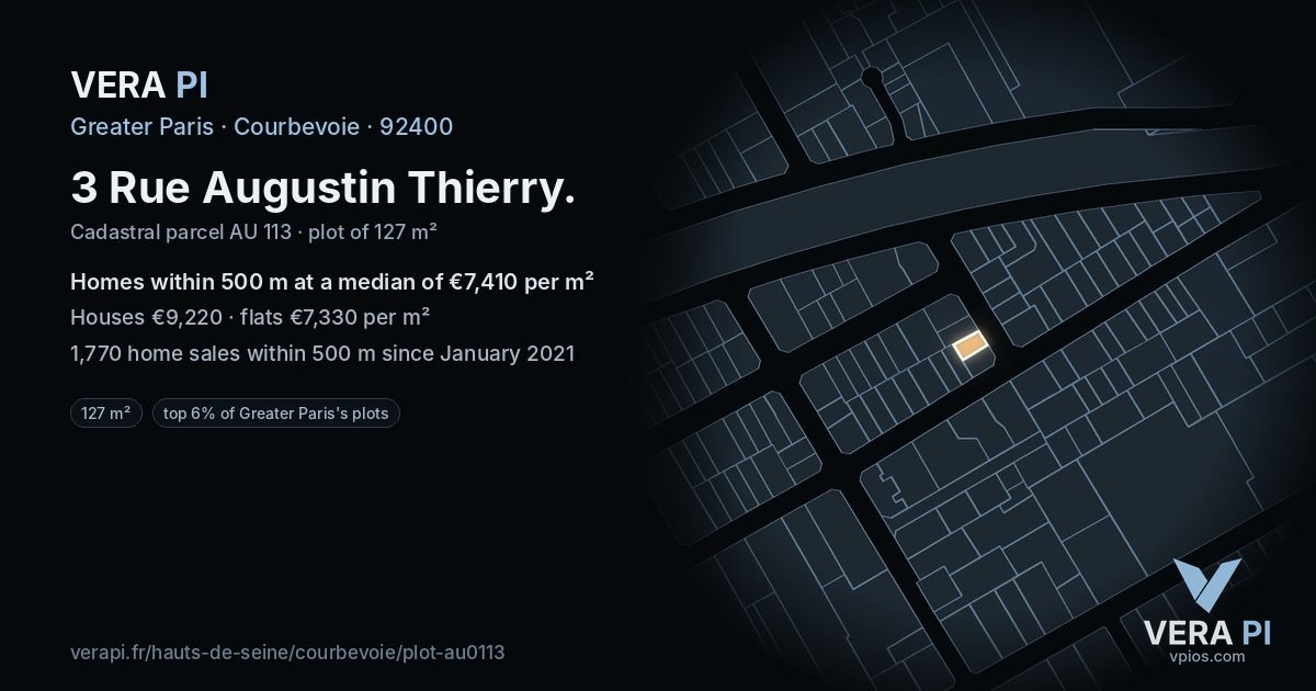 3 Rue Augustin Thierry, Courbevoie at night – the plot lit, the parcels around coloured by the prices near them