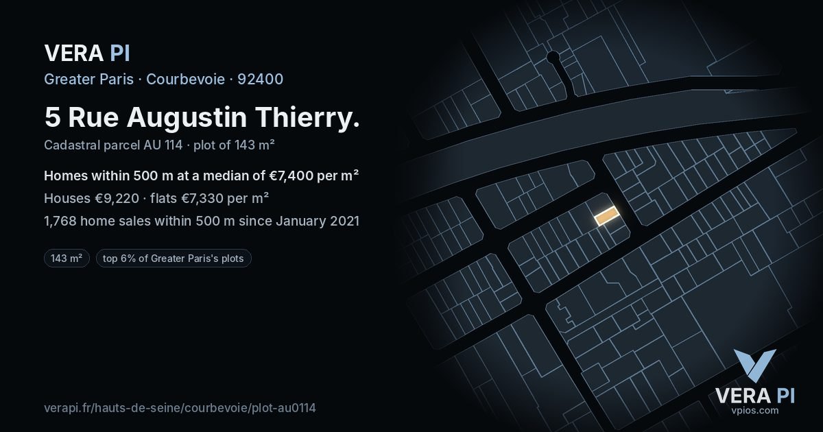 5 Rue Augustin Thierry, Courbevoie at night – the plot lit, the parcels around coloured by the prices near them