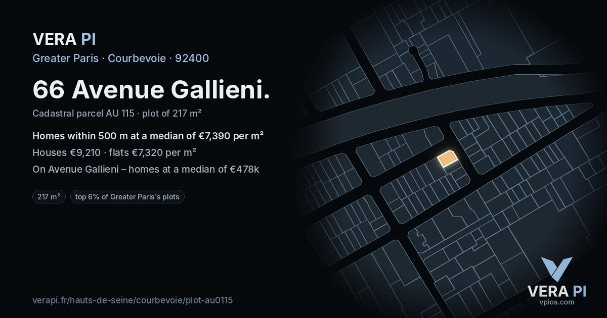 66 Avenue Gallieni, Courbevoie at night – the plot lit, the parcels around coloured by the prices near them