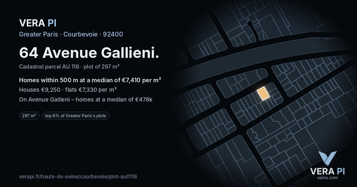 64 Avenue Gallieni, Courbevoie at night – the plot lit, the parcels around coloured by the prices near them