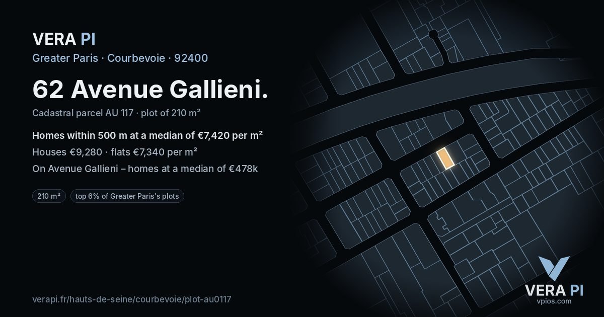 62 Avenue Gallieni, Courbevoie at night – the plot lit, the parcels around coloured by the prices near them