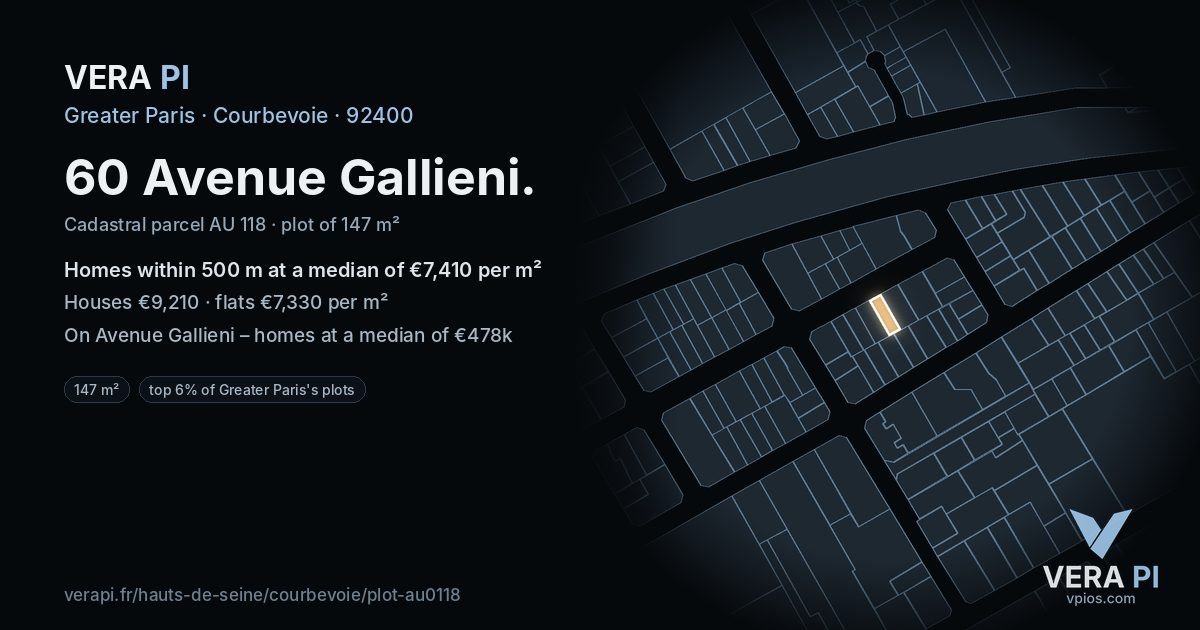 60 Avenue Gallieni, Courbevoie at night – the plot lit, the parcels around coloured by the prices near them