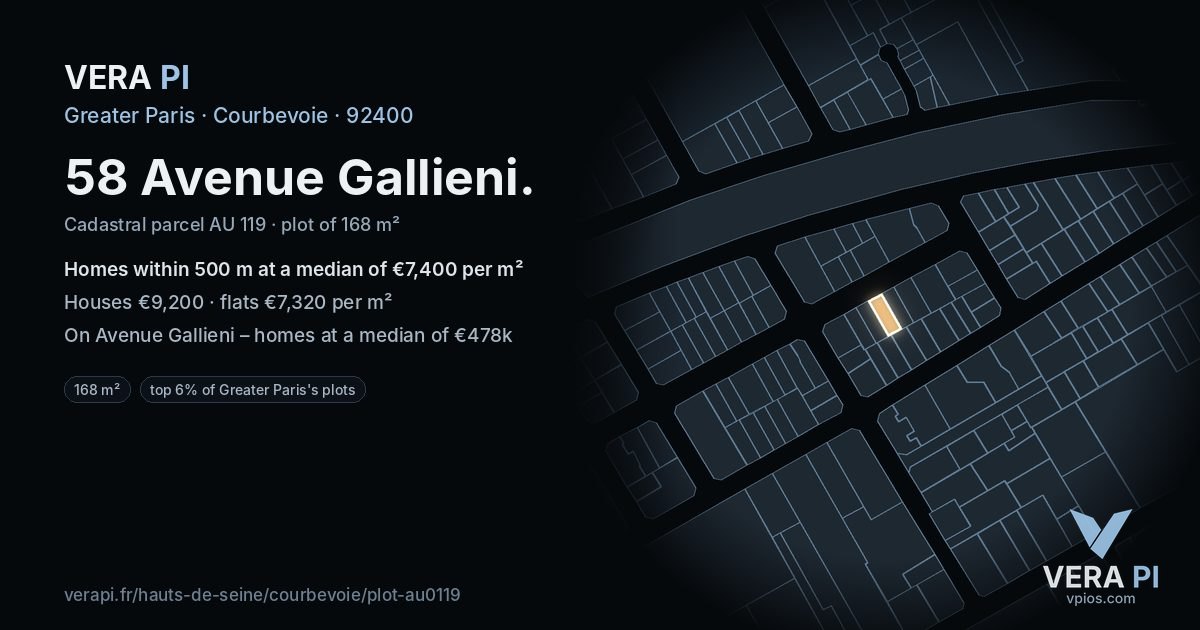 58 Avenue Gallieni, Courbevoie at night – the plot lit, the parcels around coloured by the prices near them