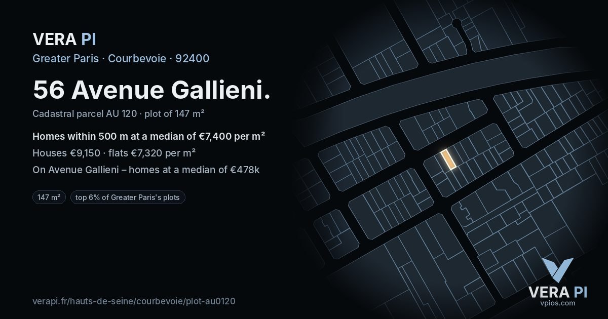 56 Avenue Gallieni, Courbevoie at night – the plot lit, the parcels around coloured by the prices near them