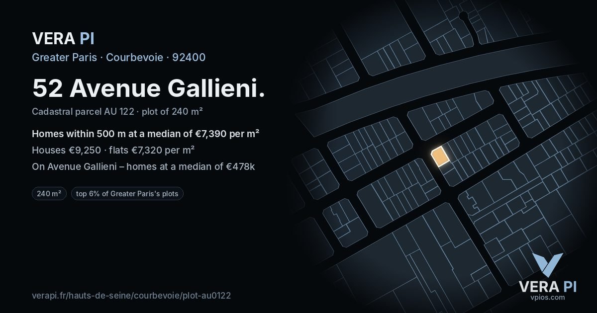 52 Avenue Gallieni, Courbevoie at night – the plot lit, the parcels around coloured by the prices near them