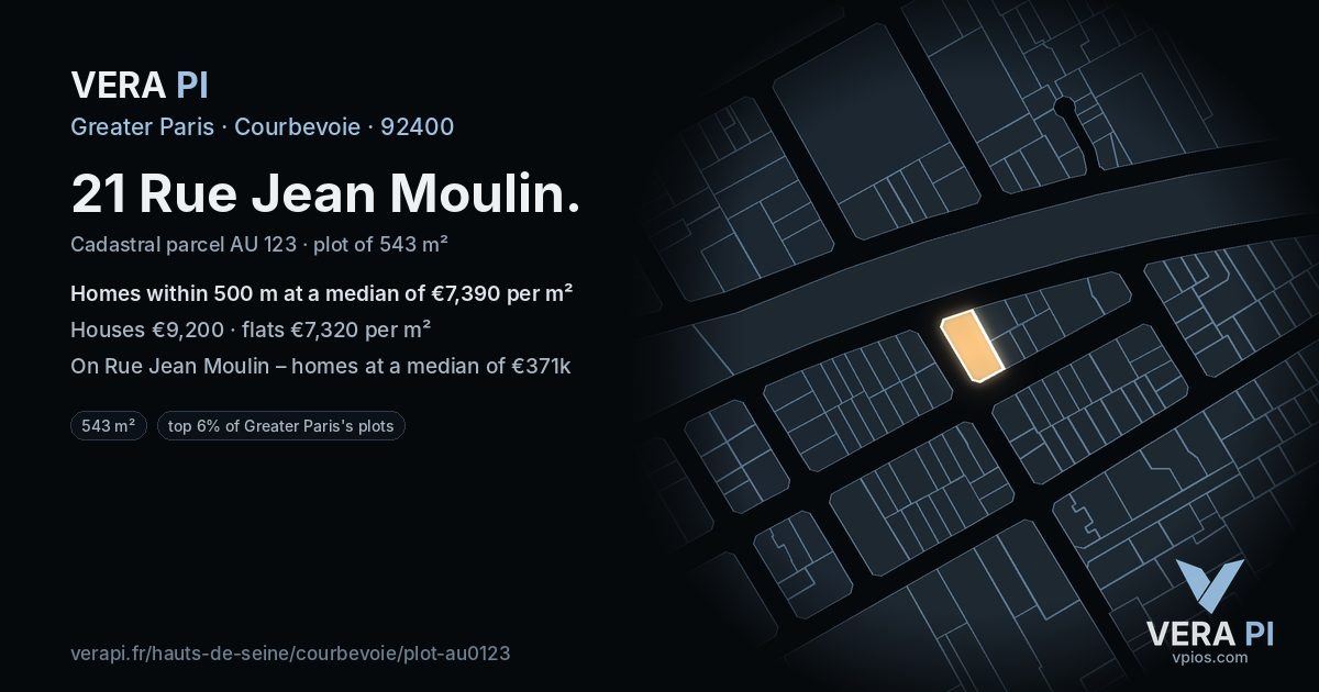 21 Rue Jean Moulin, Courbevoie at night – the plot lit, the parcels around coloured by the prices near them