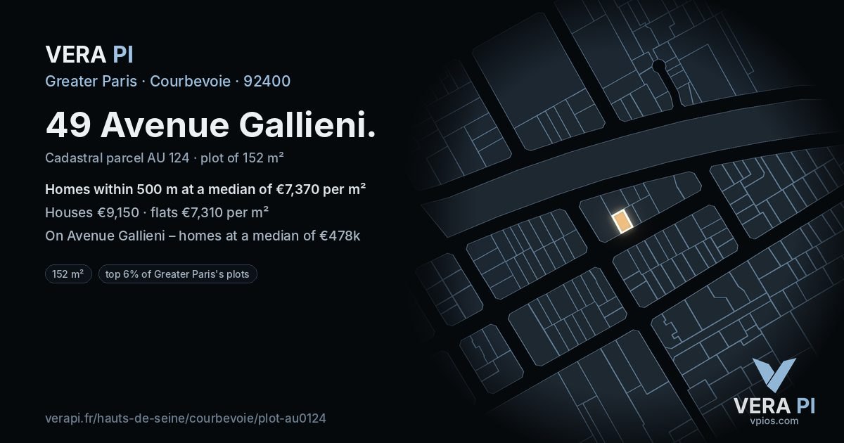 49 Avenue Gallieni, Courbevoie at night – the plot lit, the parcels around coloured by the prices near them
