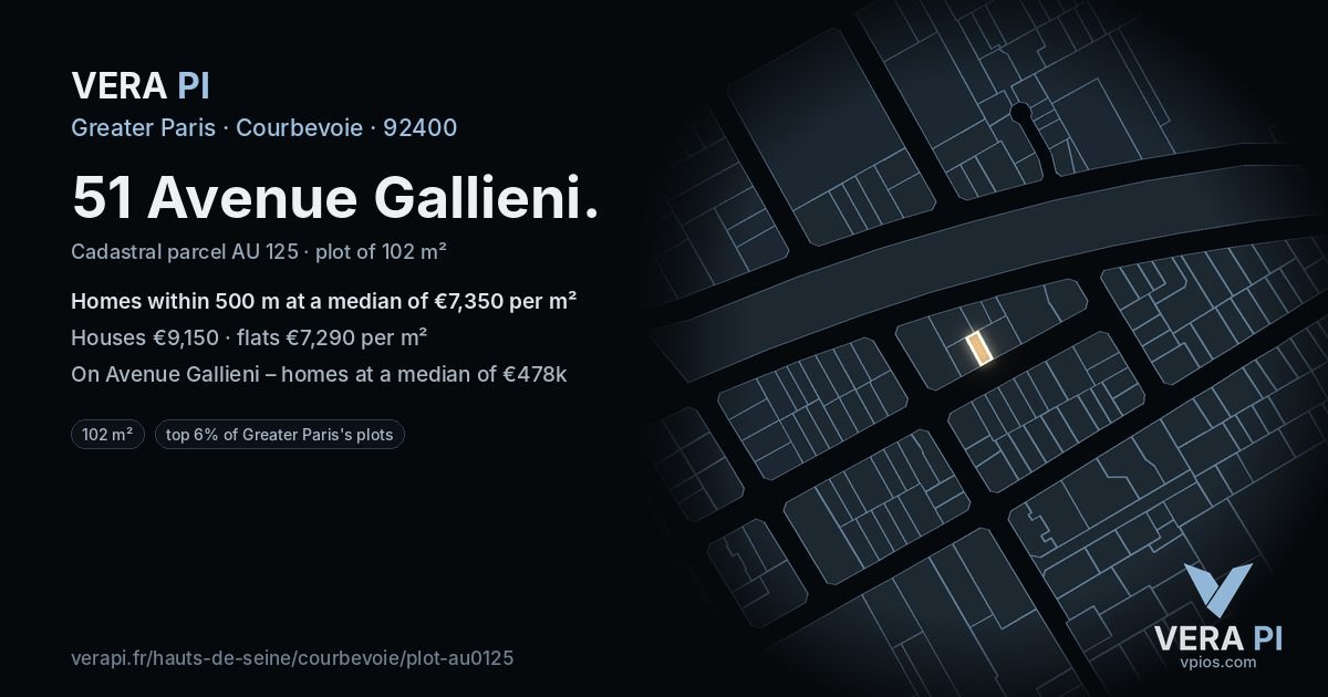 51 Avenue Gallieni, Courbevoie at night – the plot lit, the parcels around coloured by the prices near them